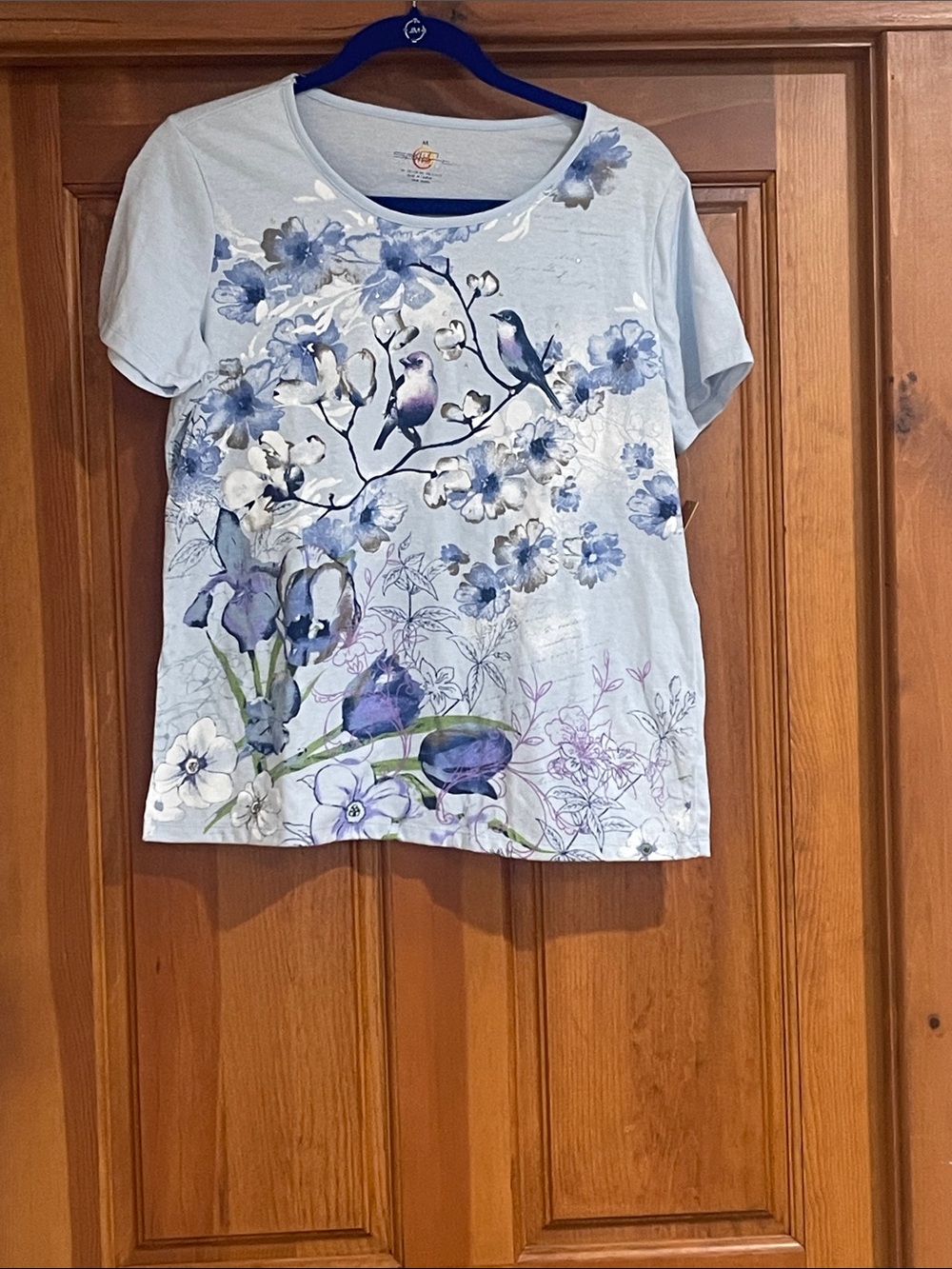 NWT- JM Sport Light Blue Floral & Bird Tee